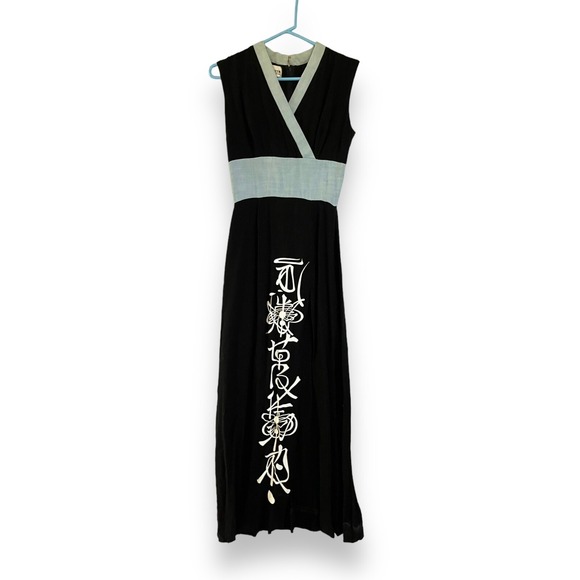 Vintage Alfred Shaheen Black Long Maxi Dress Asian Script Master Printer Sz XS/S - Picture 2 of 11